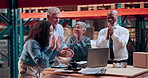 Logistics, people and laptop with applause in warehouse for KPI performance, sales profit or success. Supply chain managers, excited team or tech with high five celebration for freight cost reduction