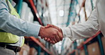 Shaking hands, supply chain and people in warehouse for deal, agreement or partnership on shipping. Handshake, meeting and logistics manager with client for freight order distribution in storehouse.