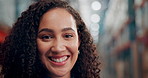 Logistics, face or woman with smile in warehouse for supply chain, operations management or shipping. Distribution manager, space or happy person in factory for cargo export, quality control or bokeh