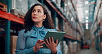 Thinking, warehouse and woman on tablet for logistics, supply chain and online inventory in factory. Storage depot, inspection and person on tech for distribution, production and quality control
