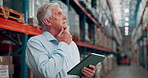 Tablet, logistics and mature man in warehouse with planning for inventory or inspection for freight delivery. Digital technology, thinking and male supply chain manager with order distribution.