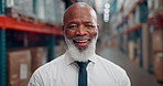 Supply chain, warehouse and face of black man for inspection, quality control and inventory for logistics. Shipping, happy and portrait of mature person for production, storage depot and distribution
