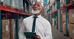 Thinking, warehouse and black man on tablet for inspection, supply chain and online inventory in factory. Storage depot, logistics and person on tech for distribution, production and quality control