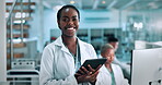 Science, tablet or face of happy woman in lab, medical biotechnology or pathology research for solution. Vaccine development, digital results or scientist with pride for progress, experiment or trial