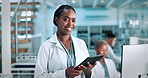 Face, science and woman with tablet, research and smile with medical report for clinical drug trial. People, scientist and healthcare with biotech, internet and happy with test results and feedback
