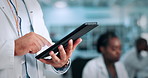Hands, tablet and man in lab, science and research with medical experiment, biotech or expert. Closeup, person or scientist with drug trial results, chemistry analysis or feedback for vaccine report 