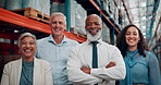 Logistics, team and face of people in warehouse for collaboration, quality control and supply chain. Crossed arms, factory and portrait of happy men and women for production, shipping or distribution