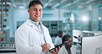 Face, science and man with tablet, researchers and smile with medical report for clinical drug trial. People, scientist and data analysis with biotech, internet and feedback with test results and app