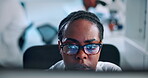 Medical, computer or black woman in lab with glasses, analyze or review of drug trial. Healthcare, reflection or research scientist in clinic with tech, reading or data update for treatment plan.