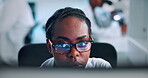 Medical, reading or black woman in lab with computer, glasses and review of drug trial. Healthcare, reflection or research scientist in clinic with tech, analyze or data update for treatment plan.