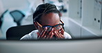 Headache, science and black woman with eye strain, research and computer with stress. African person, glasses and scientist in lab, reflection or migraine with blue light exposure, tension or burnout