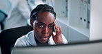 Headache, science and black woman with pain, research and computer with burnout. African person, glasses and scientist in lab, overwhelmed or migraine with blue light exposure, stress or eye strain