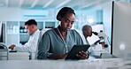 Tablet, research and reading with woman in lab for medical report, experiment notes or stem cell study. Healthcare results, online review and planning with person in clinic for dna repair and project