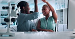 High five, research and team with women in lab for medical report, experiment success or stem cell study. Healthcare results, online review or partner with people in clinic for dna repair and project