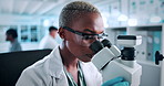 Scientist, woman and microscope with testing for chemistry, medical research or discovery. Biotech, laboratory and analysis with sample inspection for pharmaceutical, forensic or pathology experiment