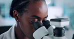Scientist, woman and microscope with analysis for medical research, chemistry or discovery. Biotech, laboratory and testing with sample inspection for pharmaceutical, forensic or pathology experiment