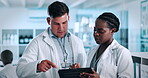 Tablet, research and team with people in lab for medical report, experiment notes or stem cell study. Healthcare results, online review or planning with scientist in clinic for dna repair and project