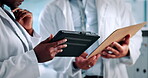 Tablet, research and hands of people in lab for medical report, experiment notes or stem cell study. Healthcare results, online review and planning with scientist in clinic for dna repair and project
