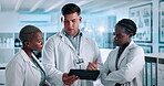 Tablet, team and talking with people in lab for medical report, experiment research or stem cell study. Healthcare results, online review and partner with scientist for dna repair and project