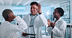 Lab, applause and scientists with tablet, high five and celebration for medical breakthrough on web. Happy, man and clapping with women for achievement, tech and excited for pharmaceutical discovery