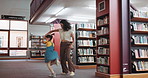 Dancing, mother and girl in library, education and bonding together with happiness. Excited, family and parent with daughter, mama and movement with energy, love and support with knowledge and smile