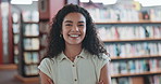 Happy, university and face of woman in library with confidence for education, books or studying. Smile, college and portrait of female student with pride for learning at academy campus in Brazil.
