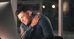 Man, shoulder pain and stress with computer at office, night or frustrated for muscle strain. Person, writer and joint inflammation with ache, fatigue or exhausted with bad posture at creative agency