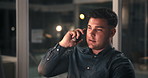 Phone call, computer and businessman in office at night with negotiation for investment deal. Cellphone, communication and male financial manager on mobile discussion for contact with client deadline