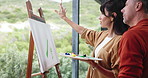 Love, painting and couple with canvas and view for bonding with hobby, creative project and artwork. Marriage, home and man with woman by window for drawing, artistic creation and picture with easel