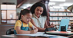 Kid, student and writing with teacher in library for education, learning support and knowledge. Child, books and educator helping for elearning, study curriculum and scholarship with school homework