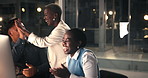 Computer, applause and business people high five at night for profit increase, goal or target. Overtime, technology and happy team clap for success, investment celebration and office milestone