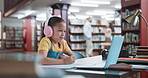 Laptop, video call and child with headphones, library and writing test for development and education. Elearning, girl and student with tech for knowledge, growth and happy for online class or lesson