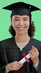 Woman, face and diploma for graduation in studio with pride, education and goal on green background. Girl, college student and happy in portrait with certificate, achievement or celebration in Brazil