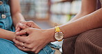 Holding hands, girl and woman in library, help and comfort with compassion, empathy and support. People, closeup and child with education, security and safety with connection, love and protection