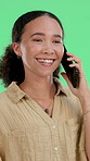 Happy, woman and talk with phone call in studio for discussion, networking and gossip with contact. Smile, female person and mobile for conversation, online chat and connection on green background