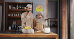 Nutrition, greeting and Muslim couple in kitchen with fruit, bonding or support in morning routine. Organic, man and woman in home with smoothie ingredients, preparation or connection in start of day