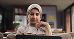Remote work from home, thinking and woman with computer, internet and research for article. Muslim person, proofreading or journalist with laptop, submission and deadline for news report or planning 