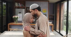 Muslim couple, forehead kiss and love with devotion together for connection, commitment and bonding in faith. Marriage, loyalty and respect with people in moment for Islam in relationship at home