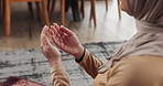 Hands, woman and praying salah at house for gratitude, islamic faith and worship Allah on Eid. Muslim, female person and dua of spiritual belief, religious devotion and praise to God with holy prayer