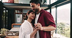 Dance, smile and love with couple in living room for support, celebration and happiness. Music, relax and trust with man and woman hugging in home for wellness, commitment and marriage together