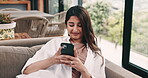 Social media, reading or happy woman with phone on sofa, funny caption or comic message on network app. Laugh, joke reply or person with mobile for communication, browsing internet or texting in home