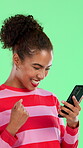 Phone, success and fist pump with woman on green screen for dating app, communication and happy. Contact, relationship profile and excited with person on studio background for connection and chat