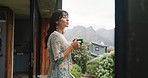 Breathe, coffee or mature woman on balcony with sip, fresh air or reflection in scenic environment. Space, thinking or female person in home with warm beverage, satisfaction or calm with outdoor view