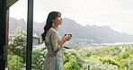 Thinking, coffee or mature woman on balcony with sip, fresh air or reflection in scenic environment. Space, breathe or female person at home with warm beverage, satisfaction or calm with outdoor view