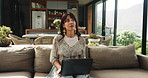 Thinking, woman and laptop in home with idea for creative startup, remote work and small business. Mature person, reflection and typing in house with computer for research, freelance job or planning.