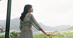 Resort, view and back of woman on balcony for fresh air with holiday, vacation and morning break Thinking, hospitality and person outdoor for relax, calm and peaceful with travel and accommodation