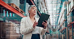Overlay, tablet and thinking with woman in warehouse for inventory, stock or storage management. App, digital distribution and supply chain with mature employee in depot for logistics or planning