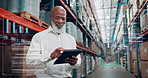 Data, overlay and tablet with black man in warehouse for inventory, stock or storage management. App, digital shipping and supply chain with mature employee in depot for logistics or planning