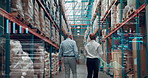 Shipping, people or overlay in warehouse with stats for logistics, supply chain or inventory inspection. Back, manager team and walking in factory with graphs, distribution information or discussion.