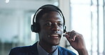 Agent, man and talking with headset in call center for inbound query, online assistance and help. Customer support, black person and listening to client for problem solving, contact us and consulting